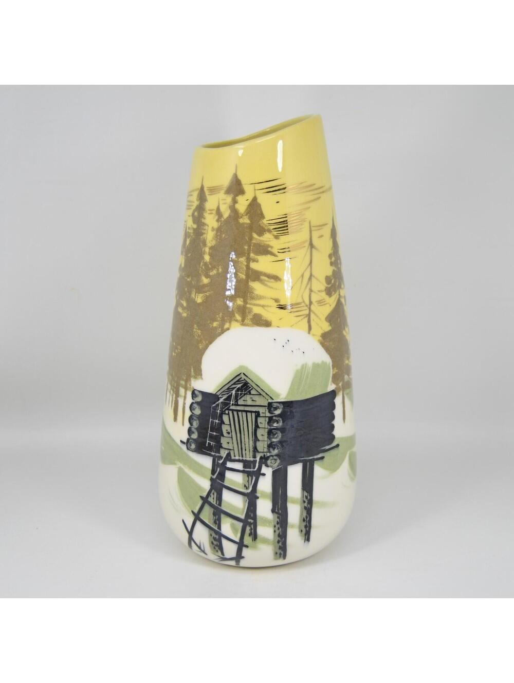 Matthew Adams Pottery Vase Alaska Signed Hand Painted Log Food Cache CRAZING